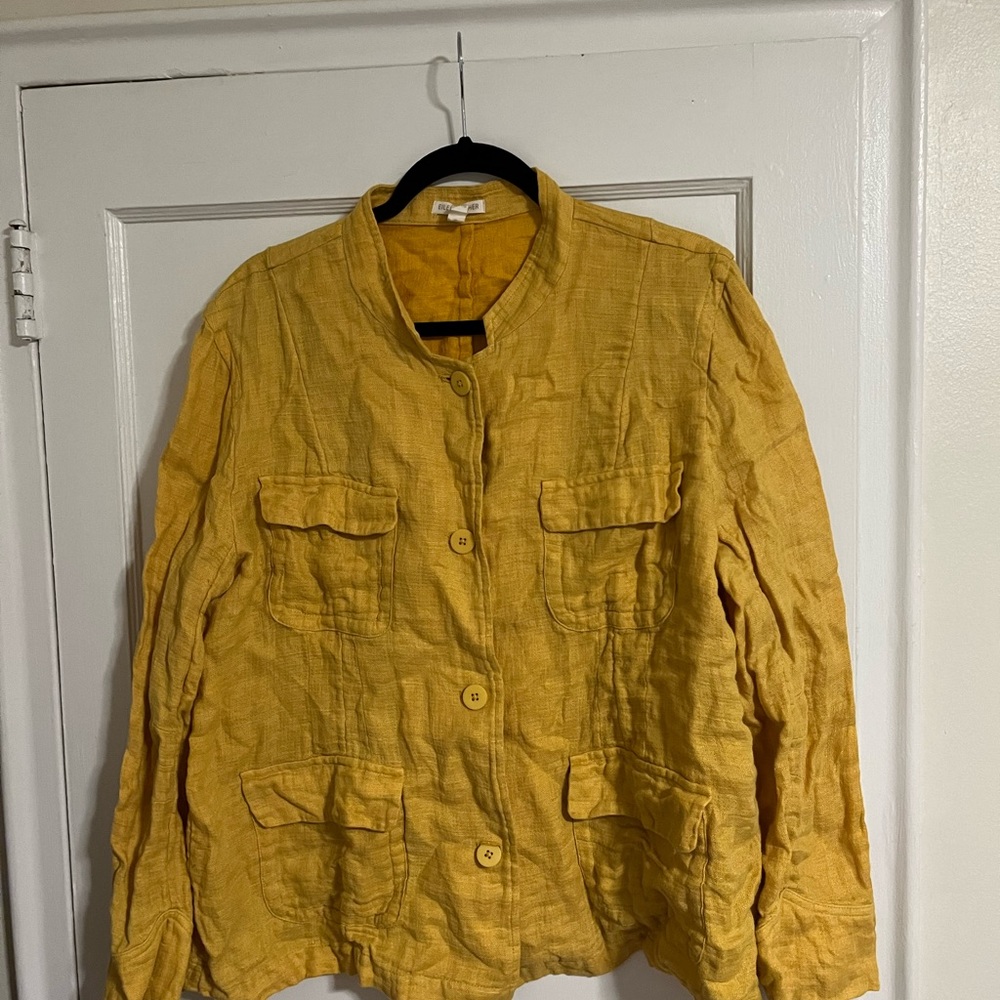 Eileen Fisher Gold Yellow Org Linen Button Shirt Jacket Shacket Lagenlook Sz XL